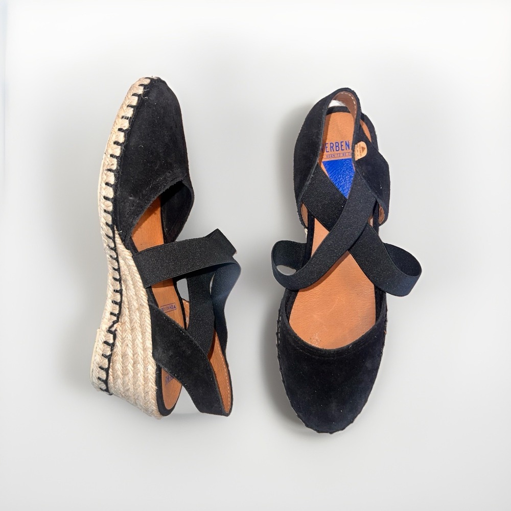 Verbenas Mila Espadrille Wedge Shoes Black Suede Made in Spain Size 8.5/39 NIB